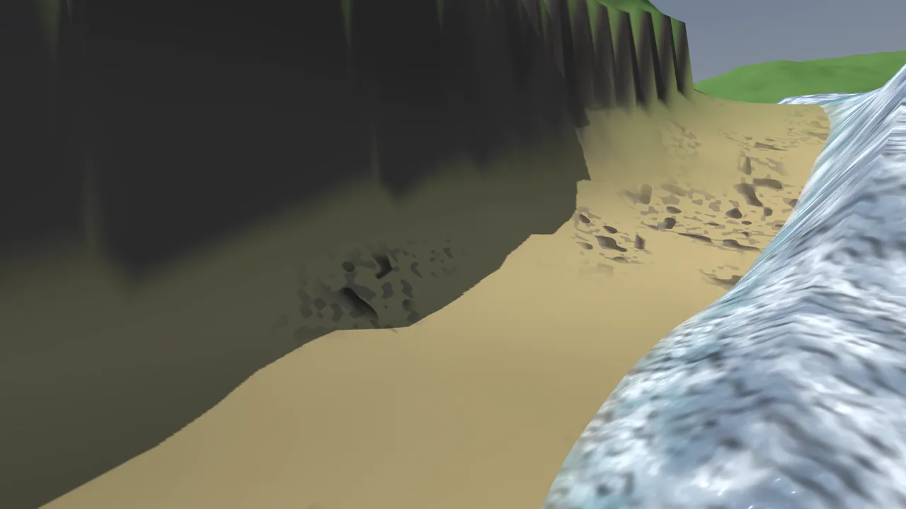 River mouth before the fix: an open excavated floor where the coastal bluff has been cut back