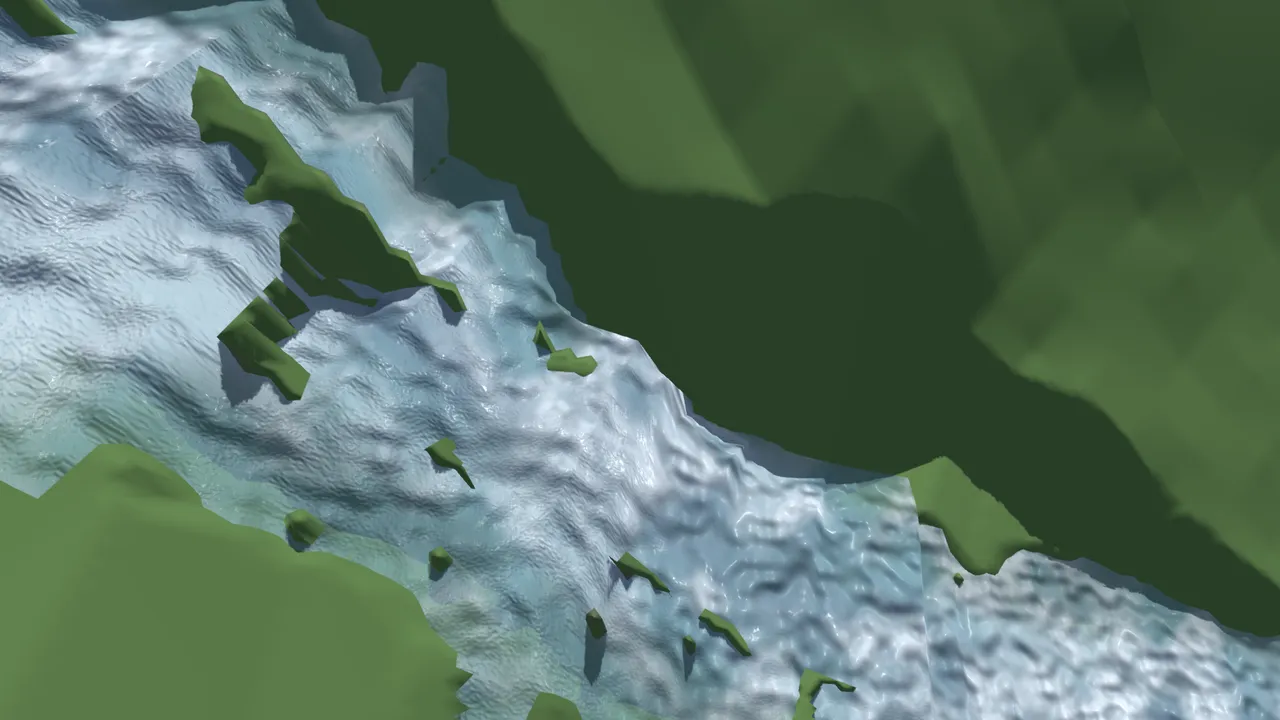 Wedges of terrain rising through the water surface, an unplanned visual effect nicknamed "river islands"