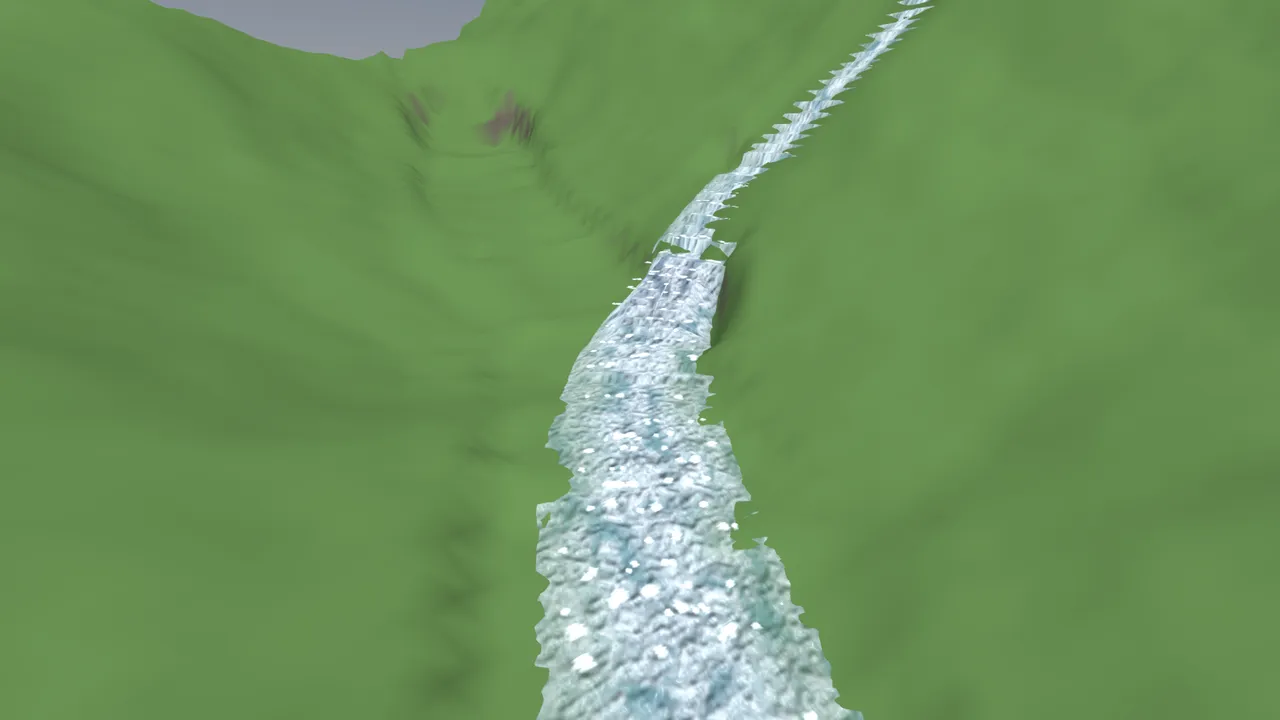 The refined spray-field effect at a medium viewing distance across a stepped rapids channel