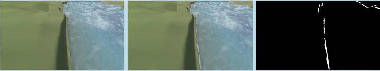 A riverbank before and after the new white-water effect, with a pixel-difference crop confirming only the bank line changed