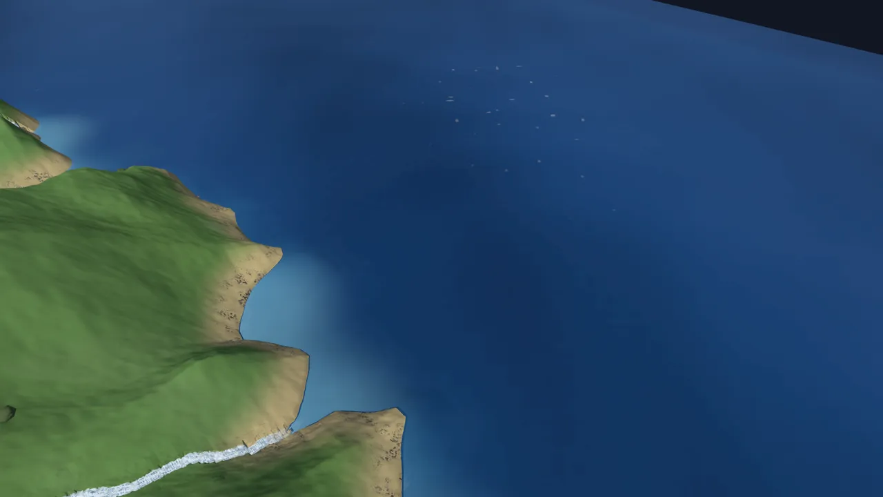 The same location on the new elevation source — open sea, the phantom land gone