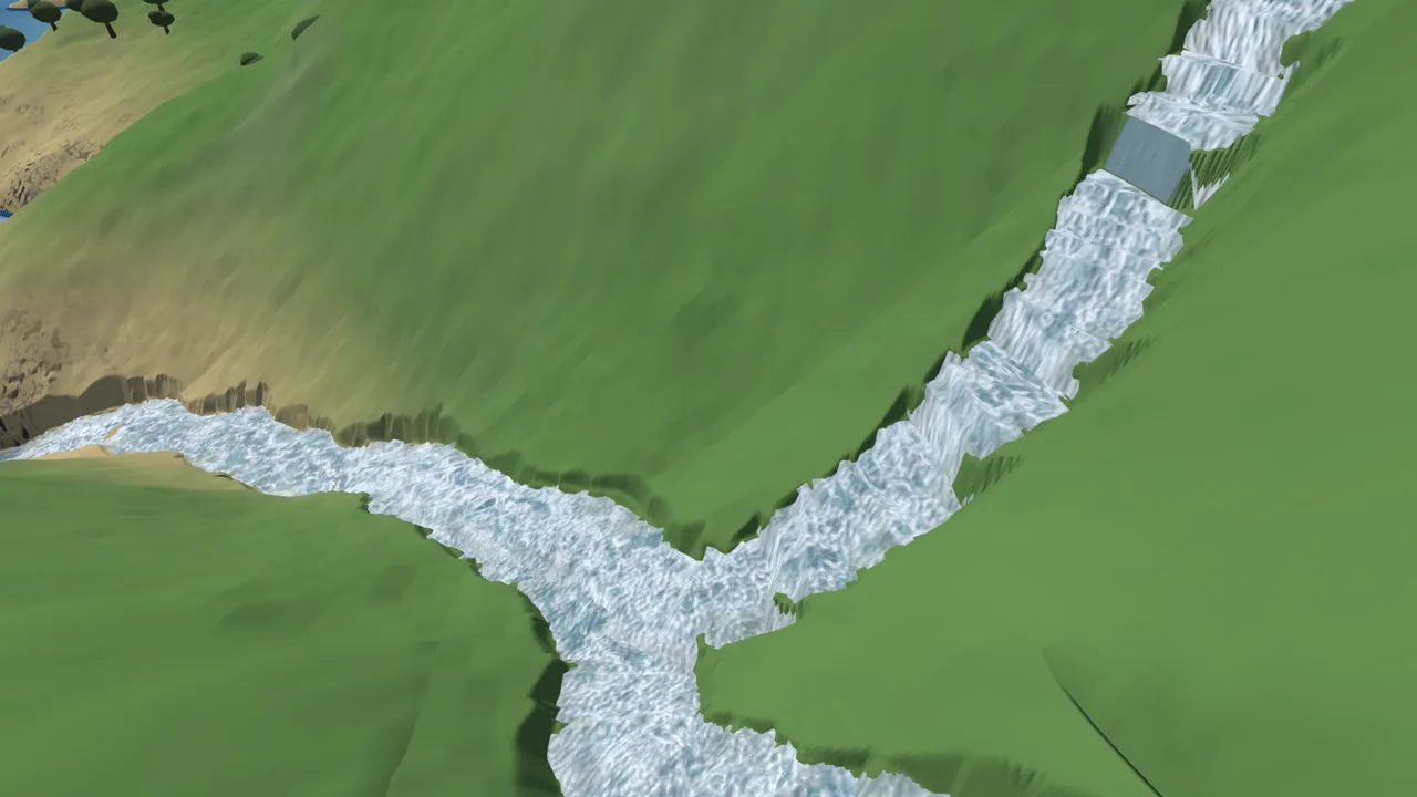 A river confluence rendered at the old 2.5x vertical scale the documentation still described: steep, stair-stepped water
