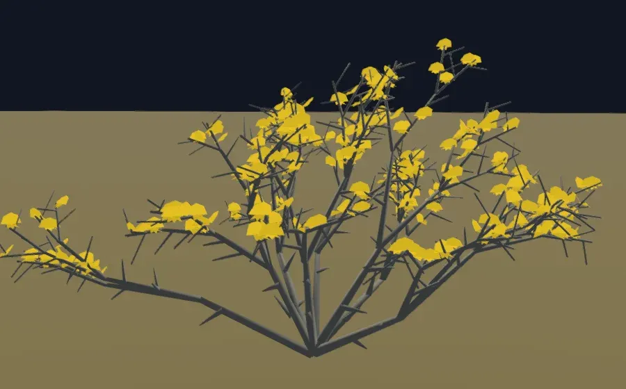 A single shrub in flower, rendered close up with branch and flower detail visible