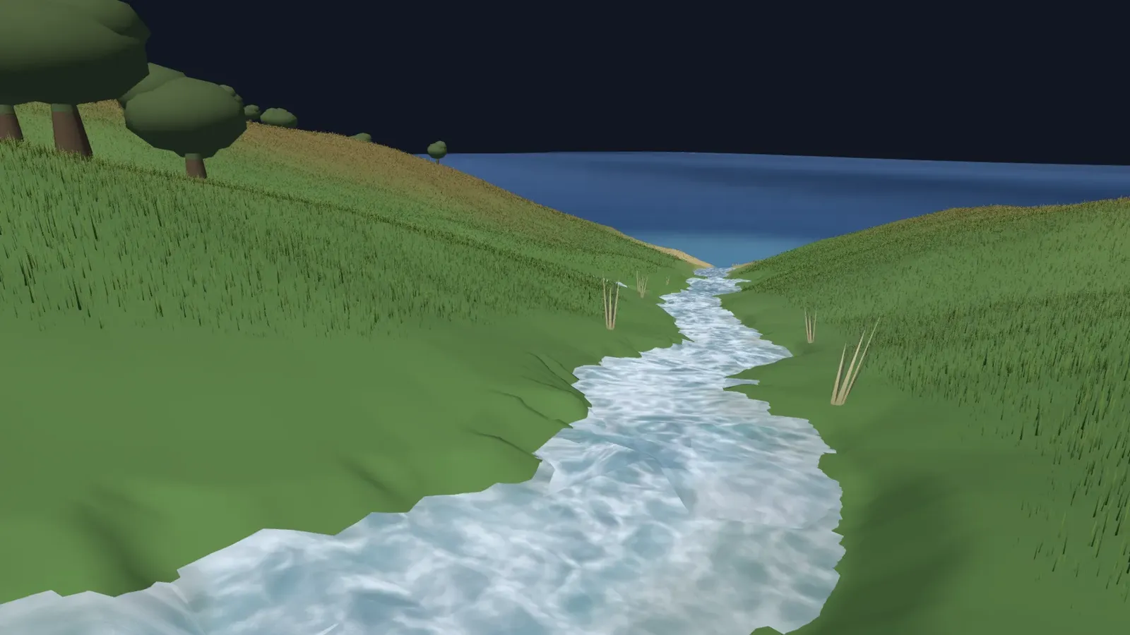 The same view after the fix: trees rooted at ground level, reeds along the waterline, and nothing standing in the water