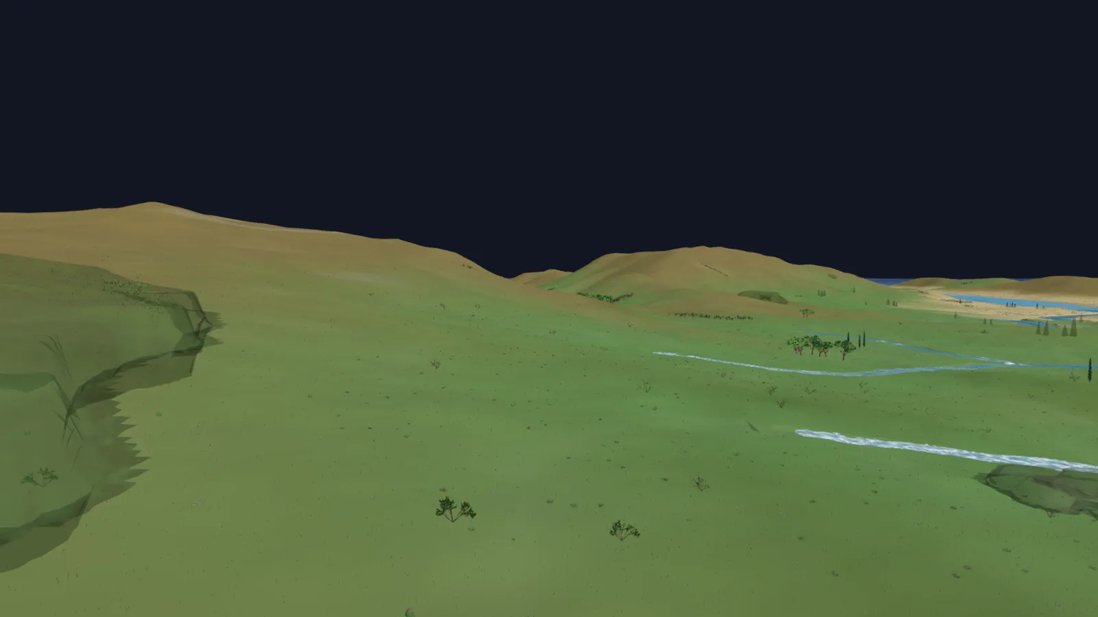 A hillside viewed toward the horizon, with individual trees fading into a hazy tree line partway up the slope