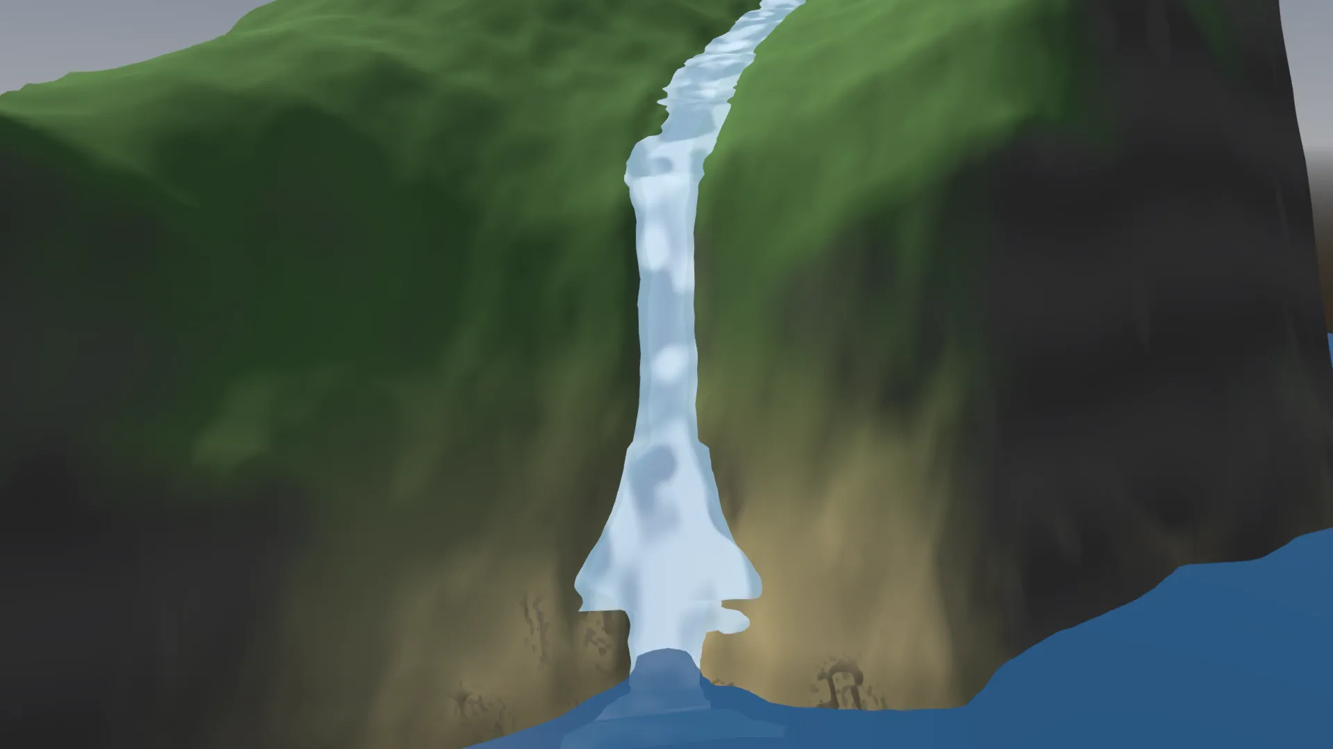 A river's mouth meeting the sea as a straight-sided plunge