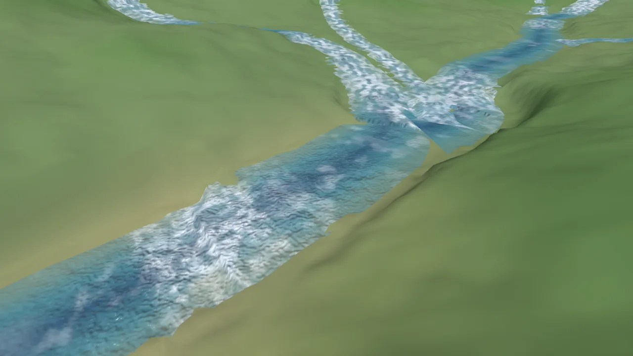A carved valley that was dry under the old pipeline, now carrying a river