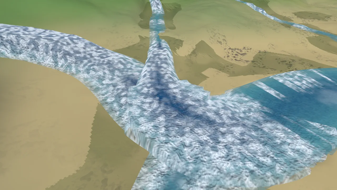 A river junction under the old pipeline — stepped, stacked water sheets