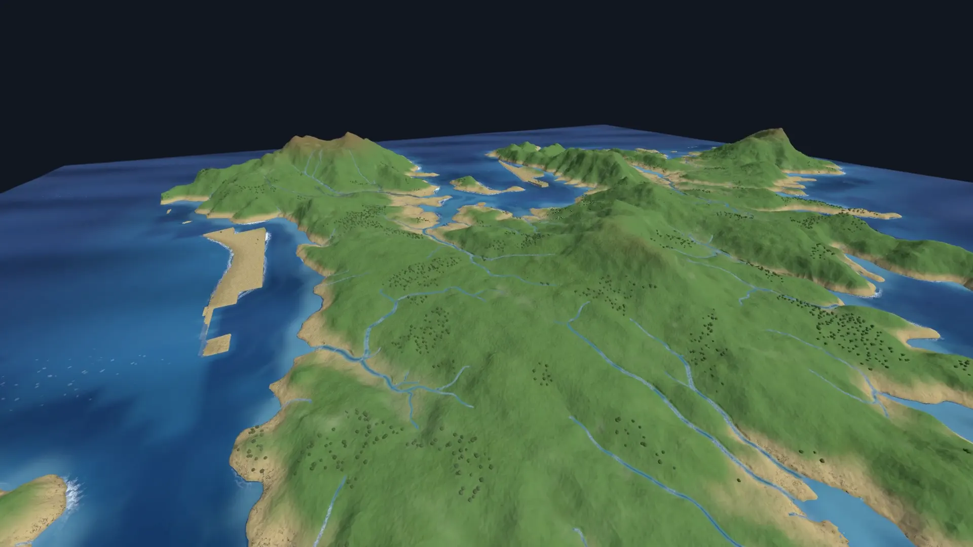 In-game world map — the solved river network flowing to the sea